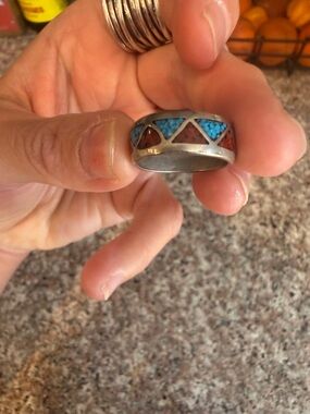 Inlay Turquoise & Coral Geometric Silver Ring